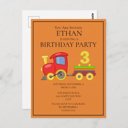 鮮やかな列車がオレンジ色の子供の3歳の誕生日を祝う ポストカード (正面/裏面)