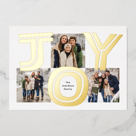 鮮やかな喜びの3枚写真 現代の赤いクリスマス 箔シーズンカード (正面)