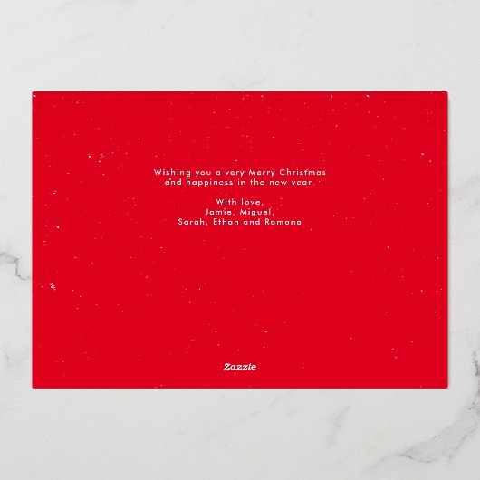 鮮やかな喜びの3枚写真 現代の赤いクリスマス 箔シーズンカード (裏面)