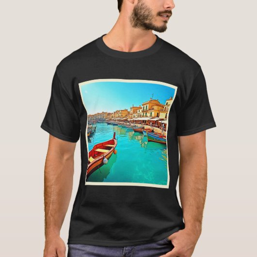鮮やかな地中海の港の生活デザインのヴィンテージ Tシャツ (正面)
