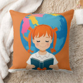 鮮やかな地球儀と本を読む少女 クッション (ブランケット)