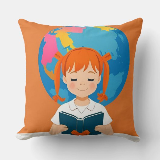 鮮やかな地球儀と本を読む少女 クッション (正面)