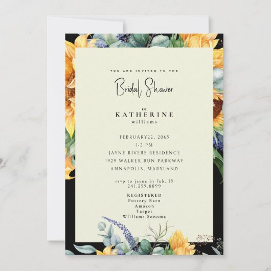 鮮やかな夏のひまわり ブラック&クリーム ブライダルシャワー 招待状 (正面)