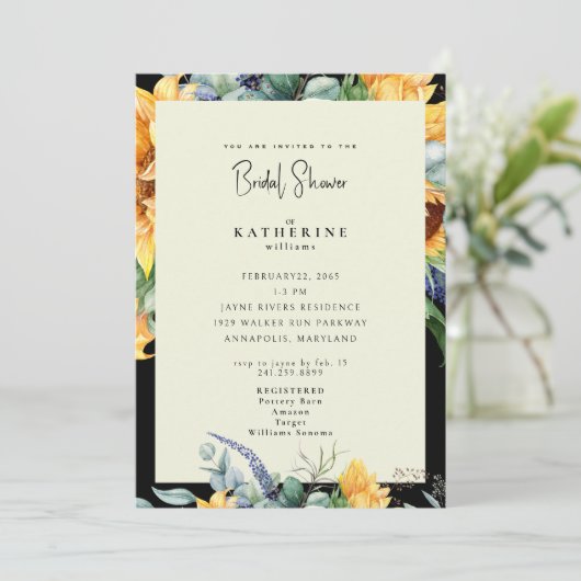 鮮やかな夏のひまわり ブラック&クリーム ブライダルシャワー 招待状 (スタンド正面)