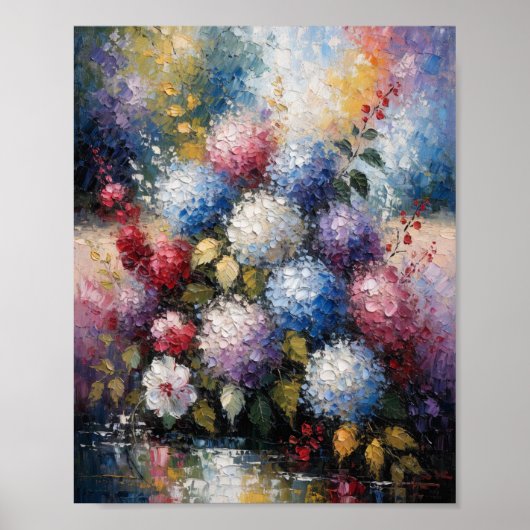 鮮やかな夏のアジサイの花束 ヘビーインパスト油絵 ポスター (正面)