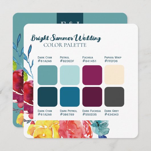 鮮やかな夏のカラフルなウェディングカラーパレットカード 招待状 (正面/裏面)