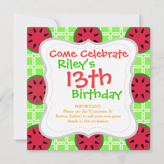 鮮やかな夏のピクニック　緑の四角にスイカ 招待状 (正面)