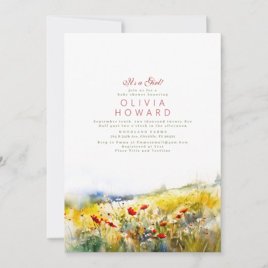 鮮やかな夏のワイルドフラワー ボヘミアンベイビーシャワー 招待状 (正面)