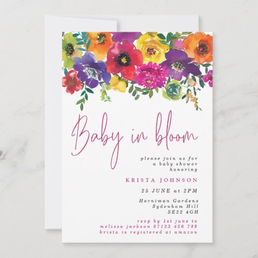 鮮やかな夏の花 赤ちゃんが咲く ベビーシャワーパーティー 招待状 (正面)