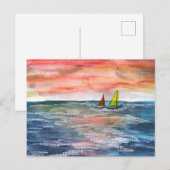 鮮やかな夕日の帆船水彩アート シーズンポストカード (正面/裏面)