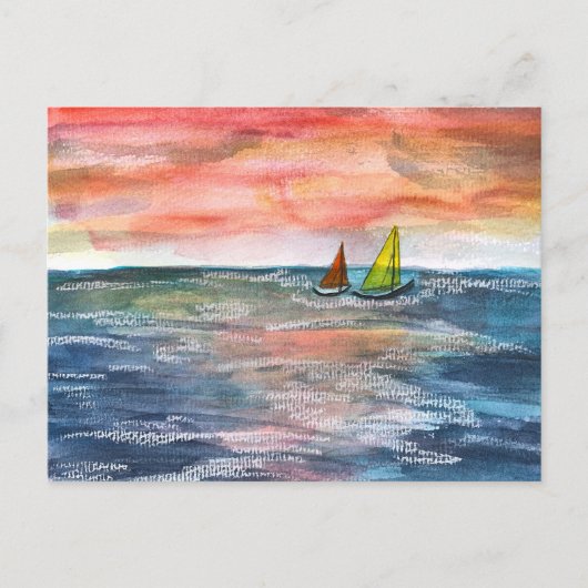 鮮やかな夕日の帆船水彩アート シーズンポストカード (正面)