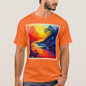 鮮やかな夕焼けの川の風景アート Tシャツ (正面)