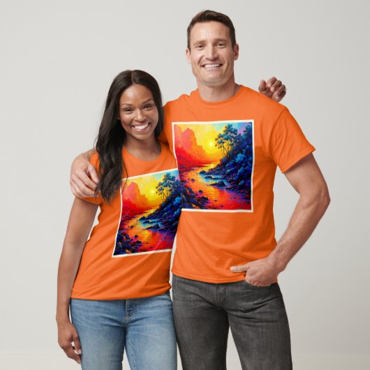 鮮やかな夕焼けの川の風景アート Tシャツ (ユニセックス)