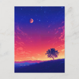 鮮やかな夕焼けの木と血の月 ポストカード