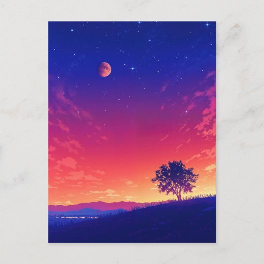鮮やかな夕焼けの木と血の月 ポストカード (正面)