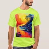 鮮やかな夕焼けの河川風景アート Tシャツ (正面)