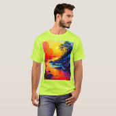 鮮やかな夕焼けの河川風景アート Tシャツ (正面フル)