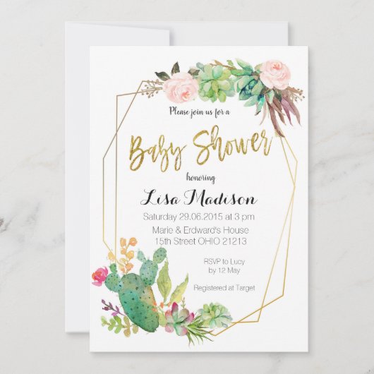 鮮やかな多肉植物の幾何学フレーム ベビーシャワー招待状 招待状 (正面)