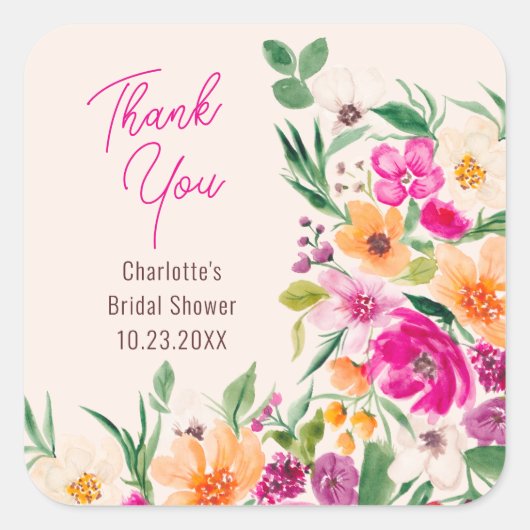 鮮やかな大胆な野生の花のスクリプト ウェディングシャワーのステッカー スクエアシール (正面)