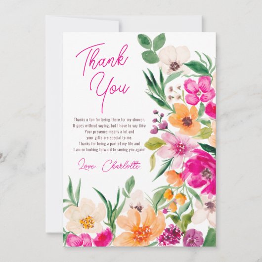鮮やかな大胆な野生の花のスクリプト ブライダル シャワー サンキューカード (正面)