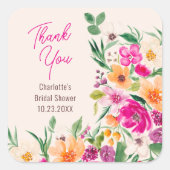 鮮やかな大胆な野生の花のスクリプト ブライダル シャワー スクエアシール (正面)