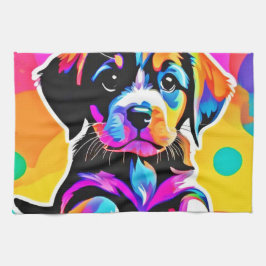 鮮やかな子犬のアート作品 キッチンタオル