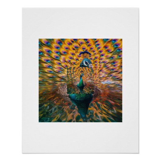 鮮やかな孔雀 水面の反射 ポスター (正面)
