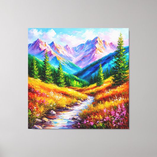 鮮やかな山々と小川の風景 キャンバスプリント (正面)