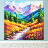 鮮やかな山々と小川の風景 キャンバスプリント (インサイチュ (ウッドフロア))