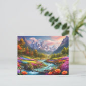 鮮やかな山と川の風景イラスト ポストカード (スタンド正面)