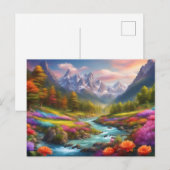 鮮やかな山と川の風景イラスト ポストカード (正面/裏面)