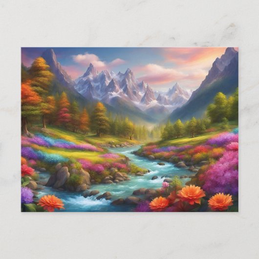 鮮やかな山と川の風景イラスト ポストカード (正面)