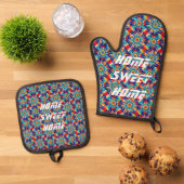 鮮やかな幾何トリップ（幻覚体験）のような色数々のの光フラクタル 鍋つかみ&鍋敷きセット (トップダウン)