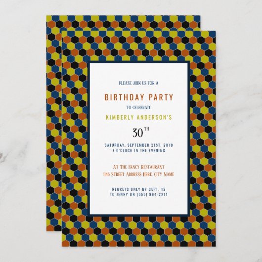 鮮やかな幾何学模様のモダンな誕生日パーティー 招待状 (正面/裏面)
