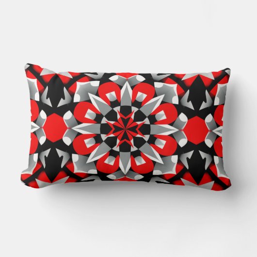 鮮やかな幾何学模様デザインと赤、黒 ランバークッション (正面)