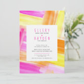 鮮やかな抽象アートのピンクと黄色の写真 ウェディング 招待状 (スタンド正面)
