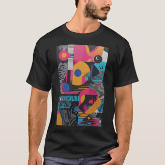 鮮やかな抽象幾何学グリッチポップのカオスデザイン Tシャツ