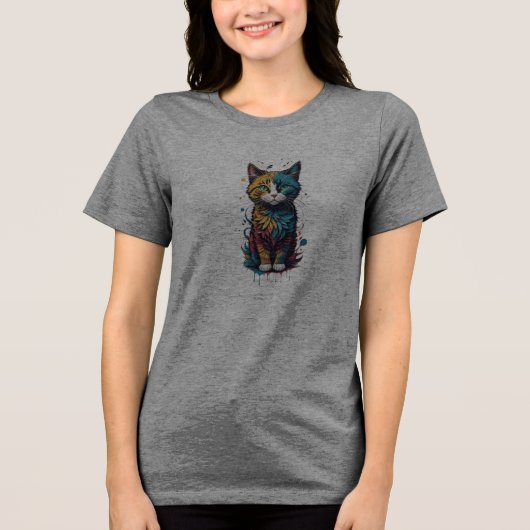 鮮やかな抽象猫アートTシャツ - 猫好きにぴったり トライブレンドTシャツ (正面)