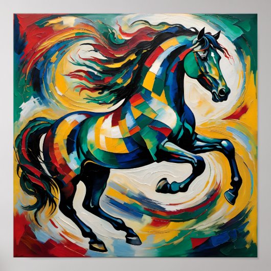 鮮やかな抽象的な馬の絵画 - カラフルエクスプレス ポスター (正面)