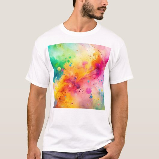 鮮やかな抽象的水彩スパッタ柄 Tシャツ (正面)