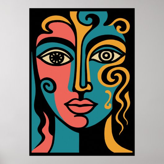 鮮やかな数々の色彩の立体派抽象芸術顔アート ポスター (正面)