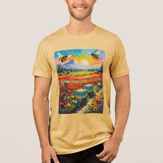 鮮やかな日の出と蜂の巣、ポピー、蜂 トライブレンドＴシャツ (正面)