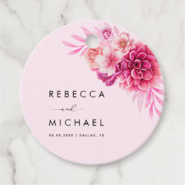 鮮やかな明るいホットピンクの花柄ボタニカルウェディング フェイバータグ