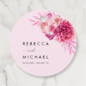 鮮やかな明るいホットピンクの花柄ボタニカルウェディング フェイバータグ (裏面)