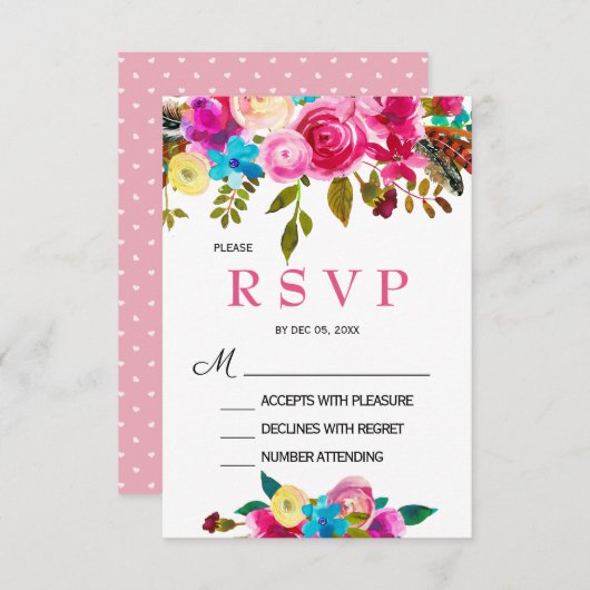 鮮やかな春のピンクの水彩花のRSVPカード 出欠カード (正面/裏面)