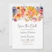 鮮やかな春の花をモチーフにした結婚式のSave the Date 招待状 (正面)