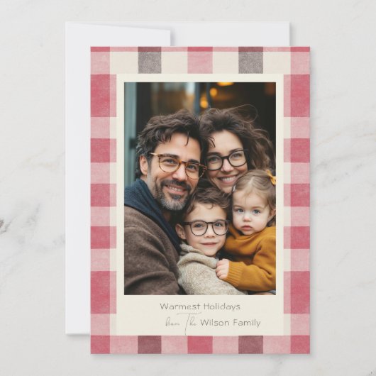 鮮やかな格子模様のあたたかな家族写真 シーズンカード (正面)