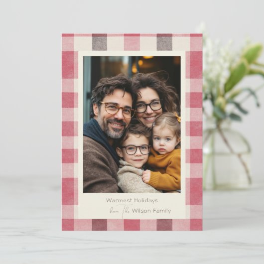 鮮やかな格子模様のあたたかな家族写真 シーズンカード (スタンド正面)