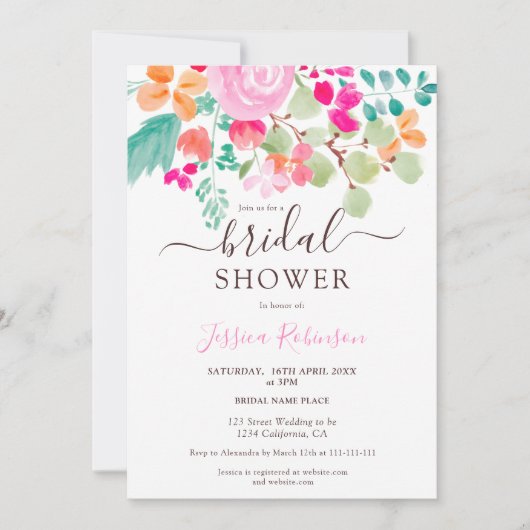 鮮やかな植物性フローラ水彩ブライダルシャワー 招待状 (正面)