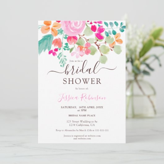 鮮やかな植物性フローラ水彩ブライダルシャワー 招待状 (スタンド正面)